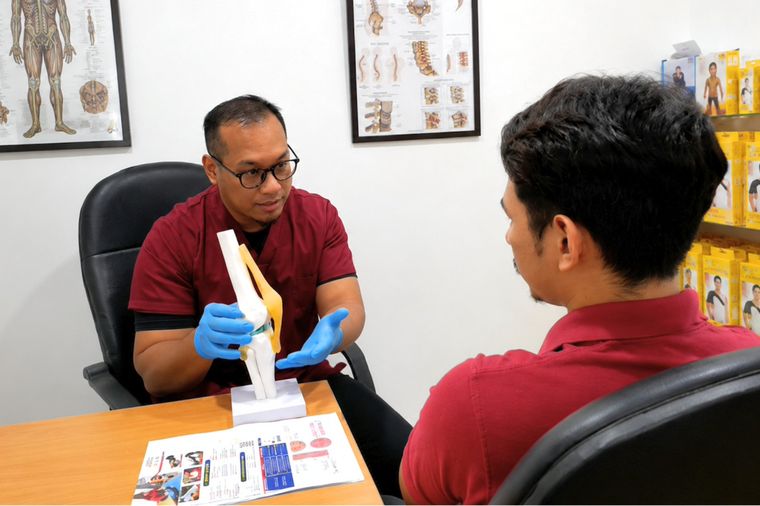 Terapis menerangkan keadaan tulang belakang kepada pesakit